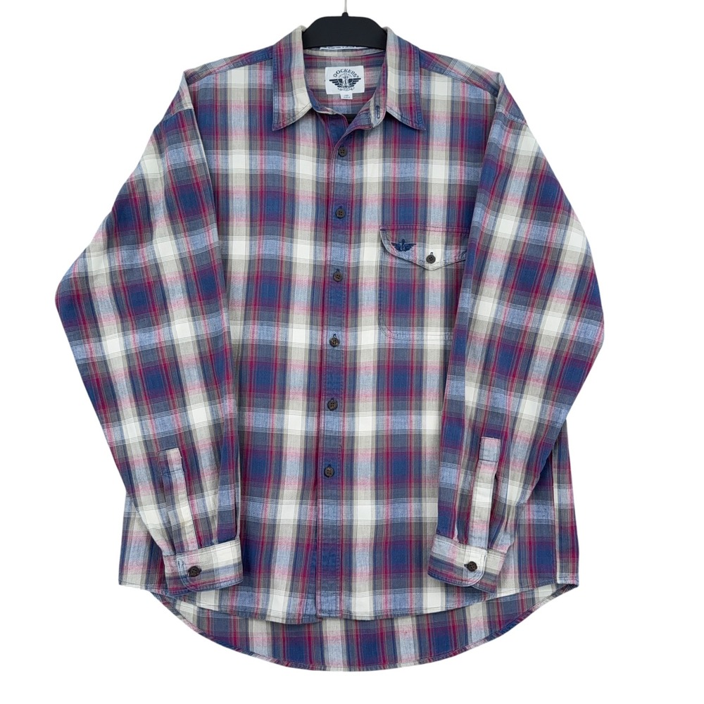 Dockers Plaid Button Front Shirt Mens M 100% Cotton Blue Red Tan Long Sleeve